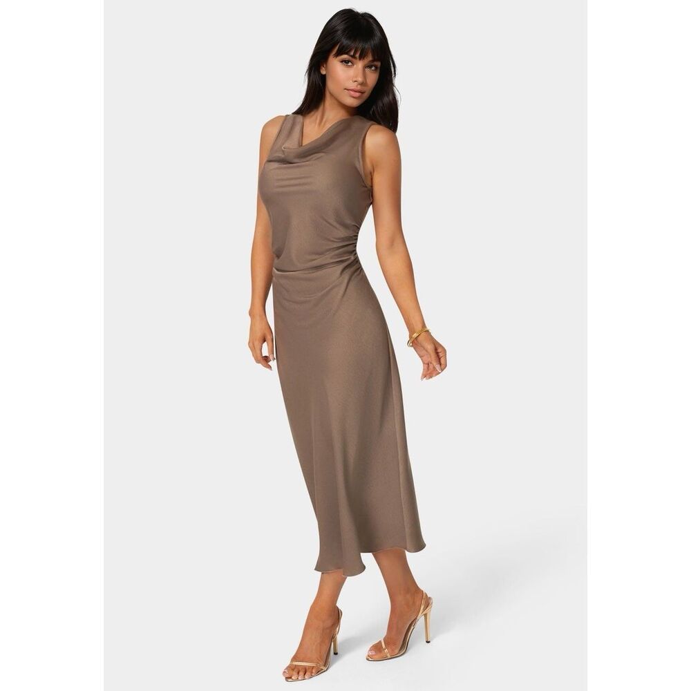 bebe Women’s Maxi Slip Dress Crepe Satin Cowl Mocha Minimalist Neutral Size M